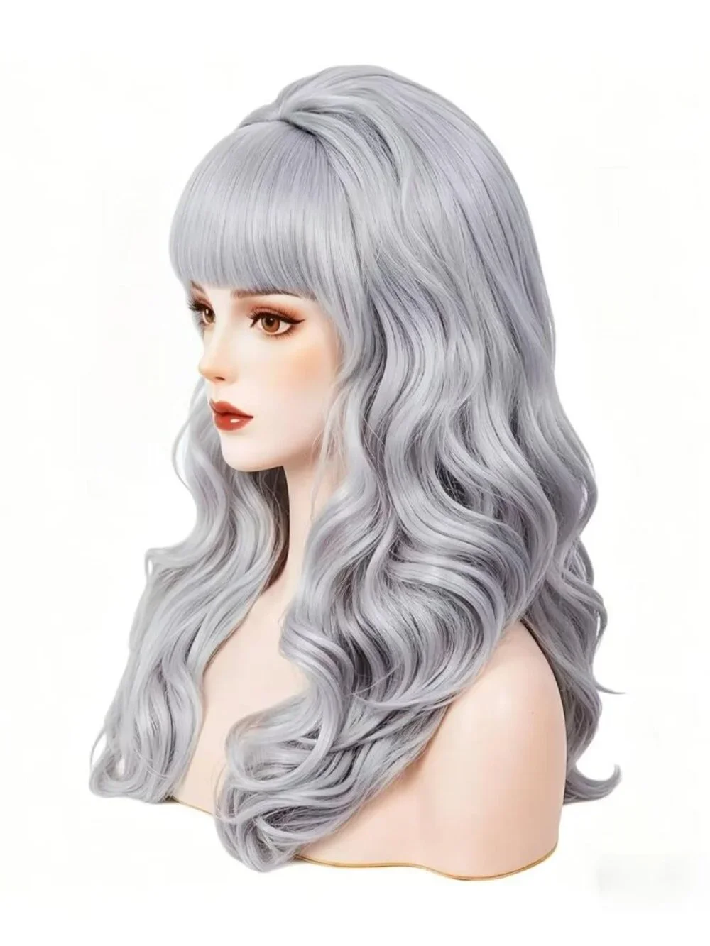 Women's Silver Heat Resistant Synthetic Fiber Retro Long Wavy Wigs Bangs